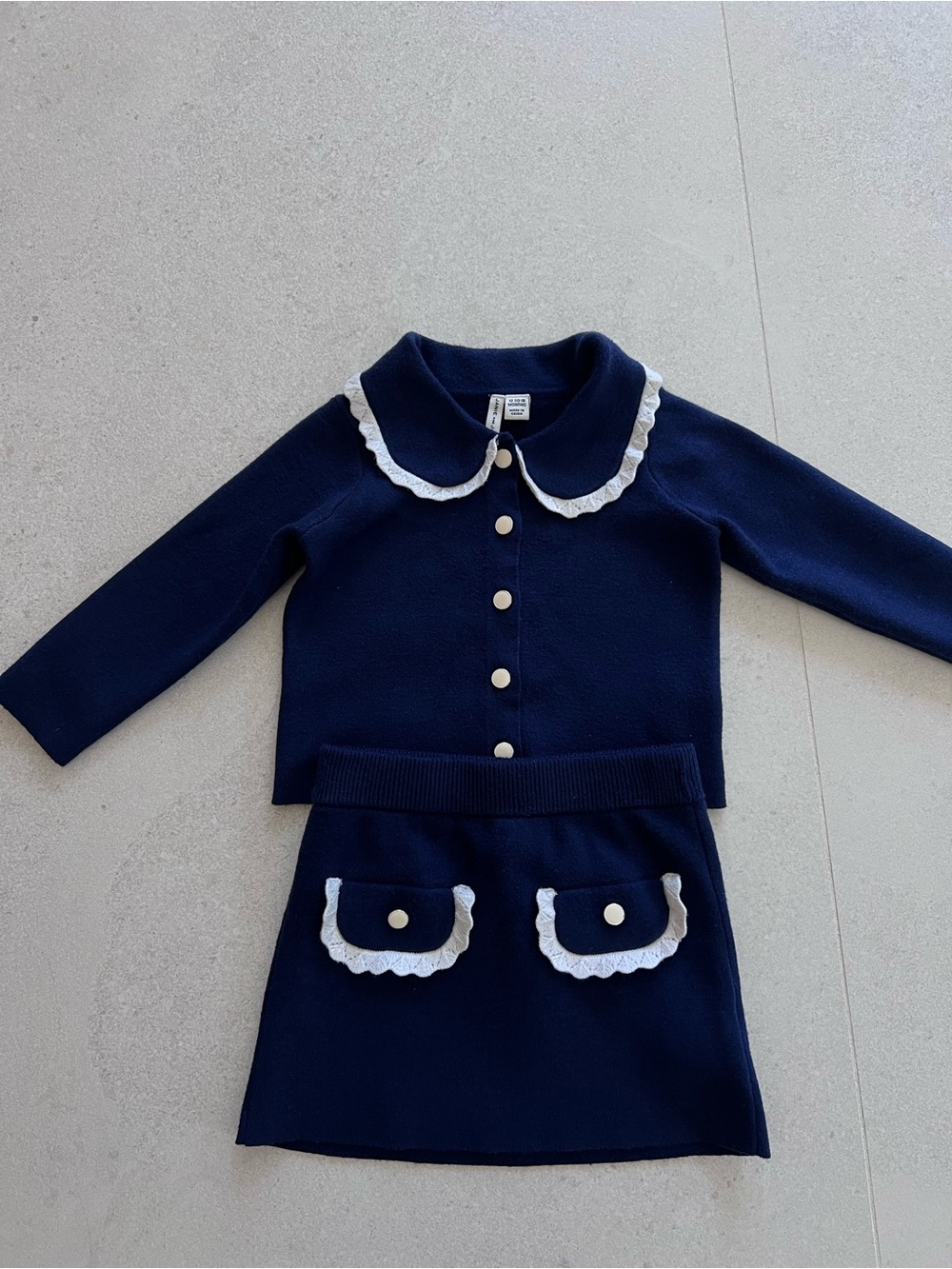 Janie and Jack Navy Blue Knit Cardigan & Skirt Set with White Trim